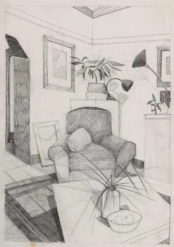 LIVING ROOM INTERIOR by Graham Knuttel, pencil on paper, sold Dec 2006