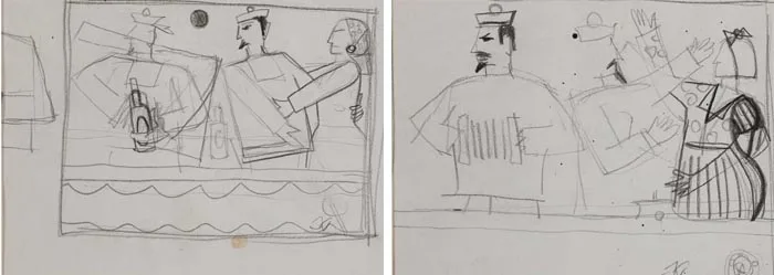 SAILORS CAVORTING ON BOARD SHIP (A PAIR) by Graham Knuttel, pencil on paper, offered Dec 2006