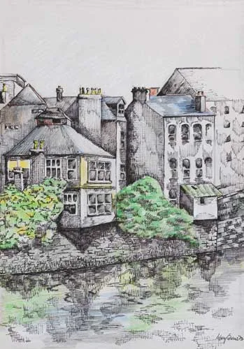 Mary Burns, ON THE RIVER LEE, 1973 and LOUGH CONN, COUNTY MAYO, 1974 (A PAIR), pen and ink with colour pencil (1); pencil (1)