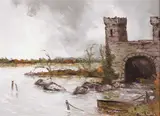 Tom Cullen, RIVER SCENE WITH BOATS MOORED BY AN OLD WATER GATE