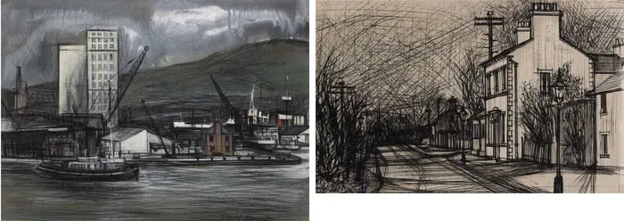 Cyril Mount, BELFAST DOCKS and A VILLAGE STREET (A PAIR), pastel (1) and pen and ink (1)