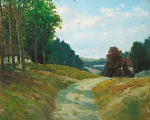 Harry Emerson Lewis, WOODED LANDSCAPE WITH COTTAGES, oil on masonite board