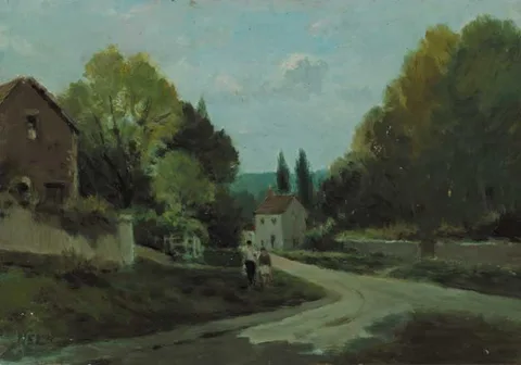 Harry Emerson Lewis, VILLAGE SCENE, FRANCE, oil on board
