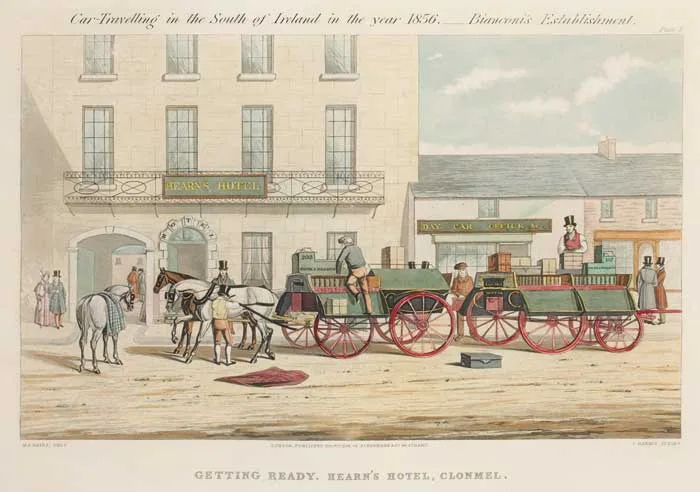 Michael Angelo Hayes, CAR TRAVELLING IN THE SOUTH OF IRELAND IN THE YEAR 1856... BIANCONI'S ESTABLISHMENT, hand-coloured aquatints, complete set of six