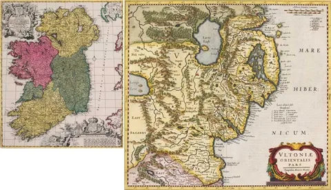 Nicholas Visscher, HIBERNIAE REGUM TAM IN PRAECIPUAS ULTONIAE, CONNACIAE, LAGENIAE ET MOMONIA, copper engraved map with later hand colouring