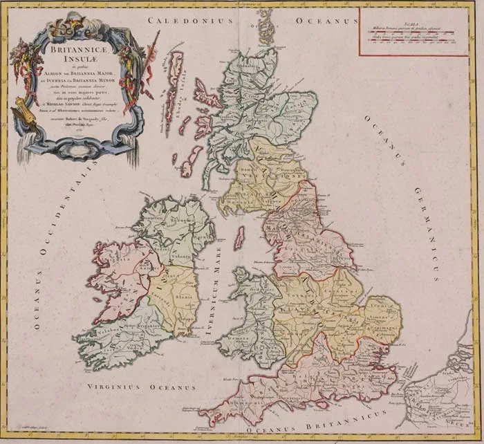 Nicholas Sanson, BRITTANICAE INSULAE, 1750, copperplate engraved map with later hand colouring (unframed)