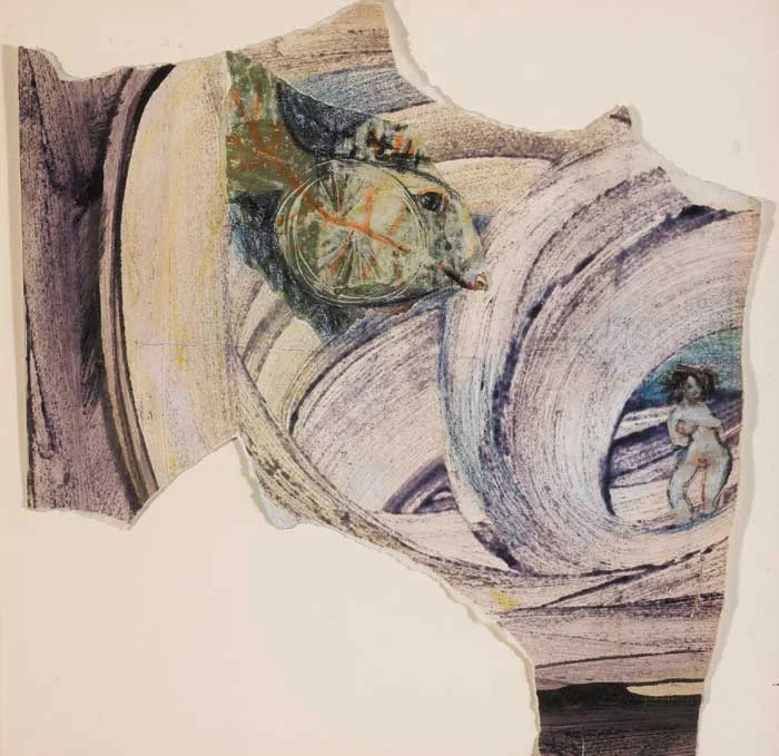 FEMALE WITH FISH by Gerard Dillon, monotype with collage and crayon, sold Feb 2007