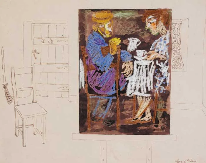 Gerard Dillon, COTTAGE INTERIOR WITH PAINTING OF A COUPLE TAKING TEA, crayon, pen and ink