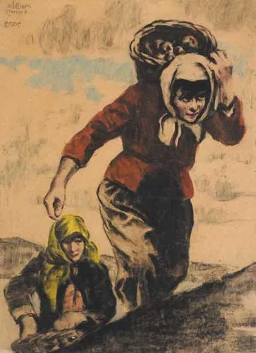 GATHERING POTATOES by William Conor, crayon on buff coloured paper, sold Feb 2007