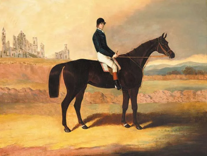Samuel Spode, A DARK BAY RACEHORSE WITH JOCKEY UP AND A VIEW OF ABBEY RUINS BEYOND, oil on canvas