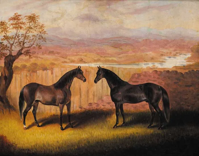 TWO HORSES FACING EACH OTHER IN A RIVER LANDSCAPE by Samuel Spode, oil on canvas, offered Feb 2007