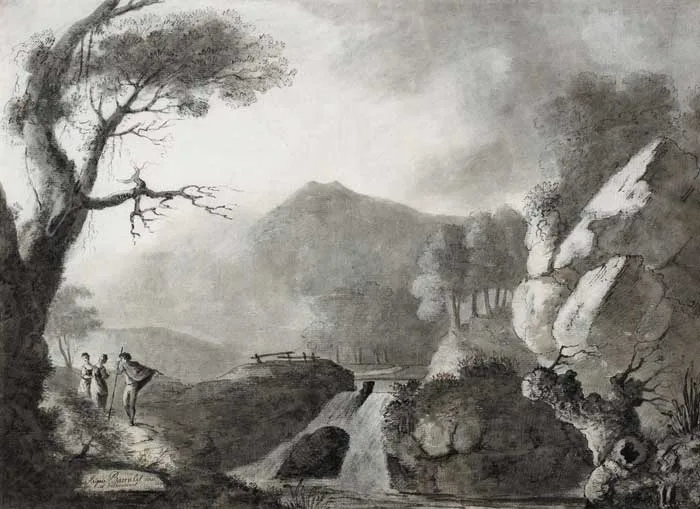 FIGURES CONVERSING BY A RIVER by John James Barralet, black chalk, pen and ink with wash on laid paper, offered Feb 2007