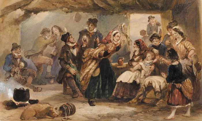 George Bryant Campion, AN IRISH CHRISTENING, watercolour heightened with white and with pen and ink