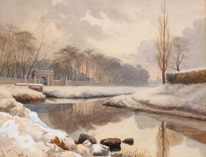 Archibald McGoogan, WINTER ON THE DODDER AT RATHFARNHAM, 1888, watercolour heightened with white