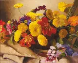 Geraldine O'Brien, BASKET OF FLOWERS (CHRYSANTHEMUM, DAISIES, LILIES AND HYDRANGEA)