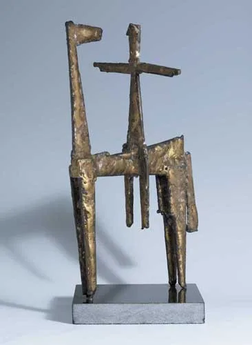 Patrick McElroy, HORSE AND RIDER, 1973, soldered bronze on a polished limestone base (unique)