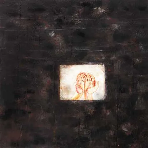 Rita Duffy, I WANT HIM TO KNOW I LOVE HIM, oil, lead foil and beeswax on panel