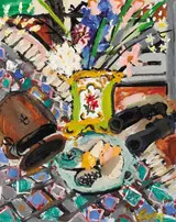 Elizabeth Cope, STILL LIFE WITH FLOWERS AND BINOCULARS