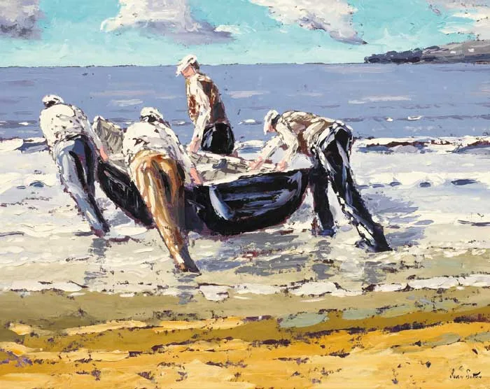 Ivan Sutton, LAUNCHING THE CURRACH, INISHEER, ARAN ISLANDS, oil on board