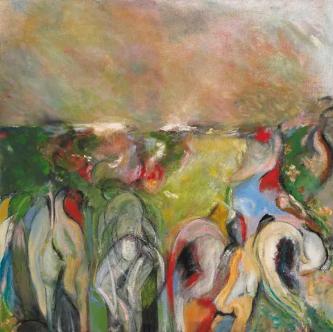 LANDSCAPE WITH FIGURES AND HORSES by Noel Sheridan, oil on hessian, sold Feb 2007