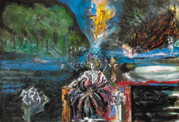 DEMETER ENTHRONED by Noel Sheridan, oil and collage on panel, offered Feb 2007