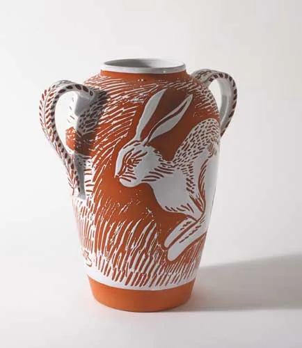 Pauline Bewick, RUNNING HARE, glazed terracotta urn