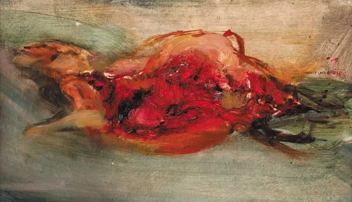 SHEEP CARCASS FLOATING by Barrie Cooke, 1961, oil on board, sold Nov 2006