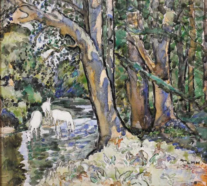 Letitia Marion Hamilton, THREE WHITE HORSES ON THE LIFFEY, watercolour over pencil on paper