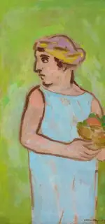 Stella Steyn, WOMAN IN BLUE HOLDING A BOWL OF FLOWERS