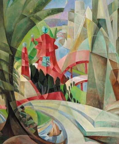 Mary Swanzy, CUBIST LANDSCAPE WITH RED PAGODA AND BRIDGE, circa 1926-28, oil on canvas