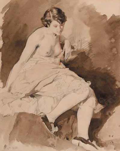 William Orpen, SEATED SEMI-NUDE GIRL, pencil, sanguine conté crayon and wash on paper