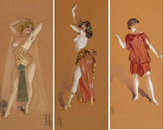 Paul Henry, FEMALE DANCER, 1898-9 (SET OF THREE), gouache over pencil on board (three, framed separately)