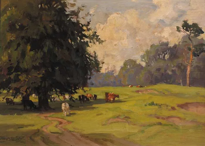 CATTLE GRAZING by Frank McKelvey, oil on board, sold Nov 2006