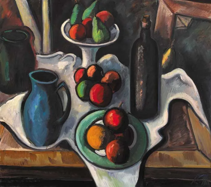 Peter Collis, STILL LIFE WITH WINE AND FRUIT, oil on canvas