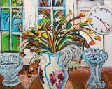 Elizabeth Cope, STILL LIFE WITH FLOWERS, VASES AND CLOCK