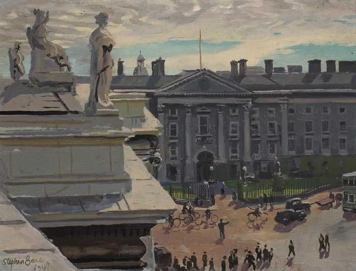 Stephen Bone, TRINITY FROM THE BANK OF IRELAND, DUBLIN, 1947, oil on board
