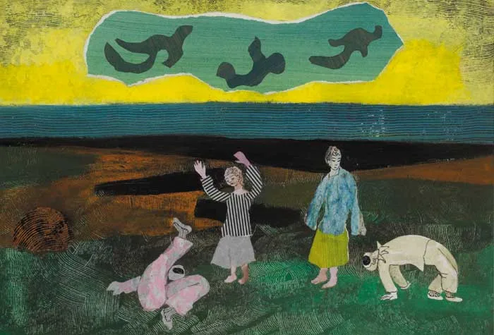 Gerard Dillon, ENTERTAINING COUNTRY GIRLS, mixed media collage