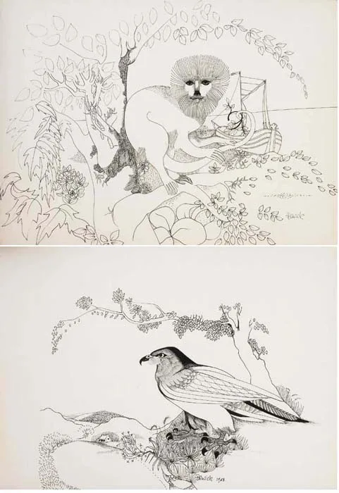 Pauline Bewick, MONKEY ON A BRANCH and KESTREL, 1963 (A PAIR), pen and ink on artist's board