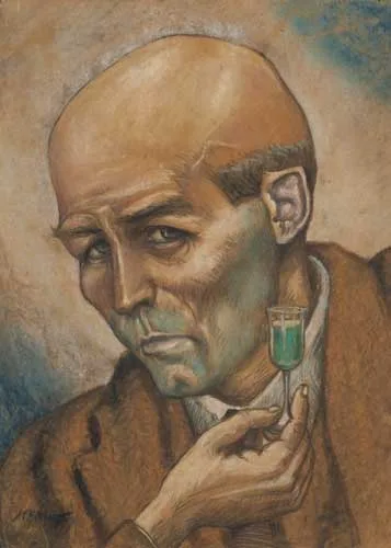 THE GREEN CHARTREUSE DRINKER by Harry Kernoff, pastel on paper, sold Sep 2006