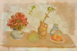 Stella Steyn, TABLETOP STILL LIFE WITH FLOWERS AND FRUIT