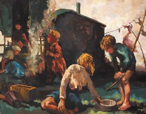 Patricia Griffith nee Wallace, CHILDREN OUTSIDE A GYPSY CARAVAN, 1935, oil on canvas