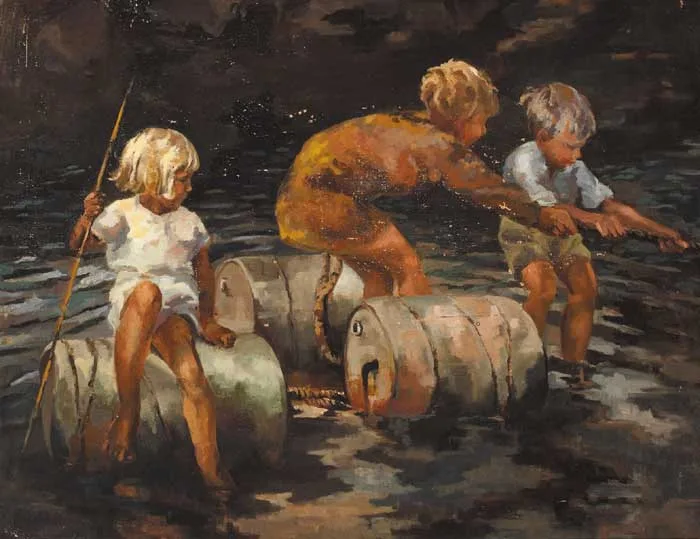 Patricia Griffith nee Wallace, RIVER SCENE WITH CHILDREN AND OIL-DRUMS, oil on canvas