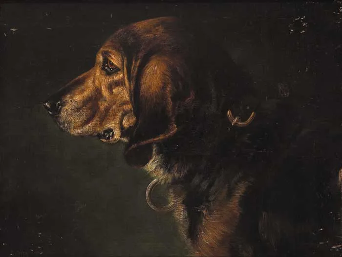 Charles Grey, STUDY OF THE HEAD OF A CELEBRATED BLOOD HOUND, THE PROPERTY OF WILLIAM DREWETT, ESQ., PORTOBELLO GARDENS, 1842, oil on canvas
