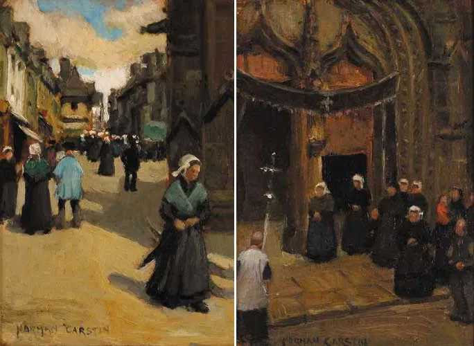 Norman Garstin, SATURDAY (JOSSELIN) and FACADE OF THE NOTRE DAME DU RONCIER, JOSSELIN, circa 1911 (A PAIR), oil on panel