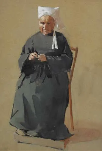 Norman Garstin, BRETON WOMAN WITH NEEDLEWORK, watercolour over black chalk on tinted card