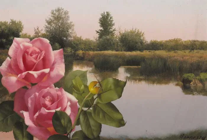 LAKE AND ROSES by Patrick Hennessy, 1973, oil on canvas, sold Sep 2006