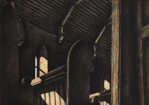 Chris Wilson, CHURCH INTERIOR, 1992, graphite and collage on board