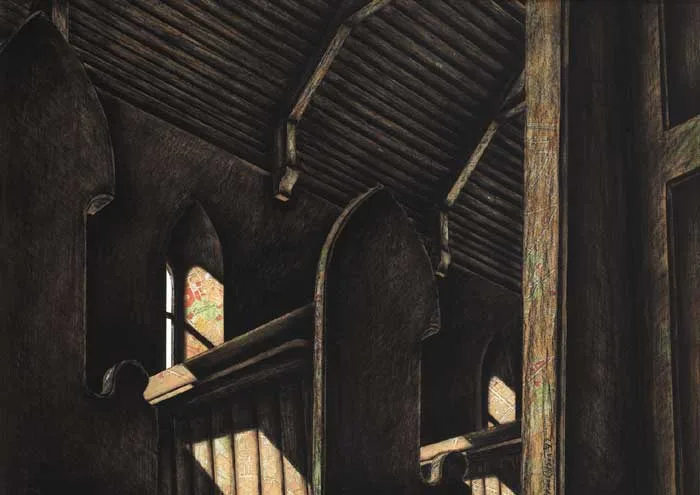 Chris Wilson, CHURCH INTERIOR, 1992, graphite and collage on board