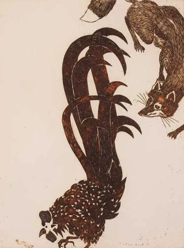 FOX, COCK AND CATERPILLAR by Patrick Hickey, sepia-tone etching (no. 72 from an edition of 95), sold May 2006