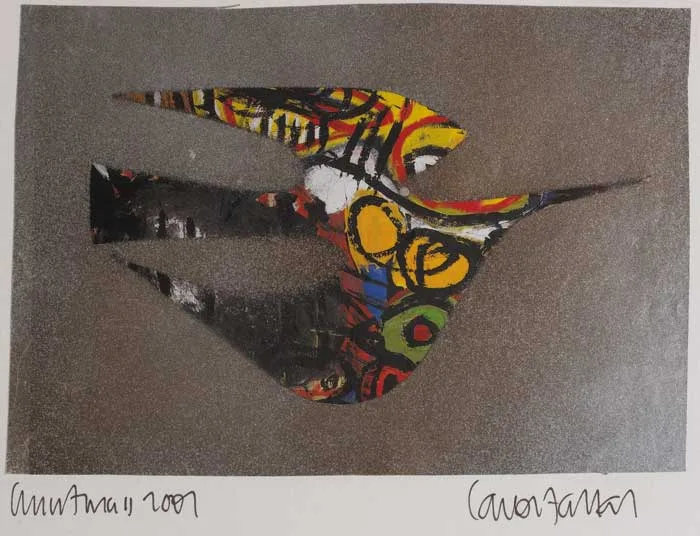 Conor Fallon, SET OF SIX CHRISTMAS CARDS, SUBJECTS INCLUDING A WINGED HORSE, BIRD, AND MAN WITH ANTELOPES, 1995-20, collage with gold ink (4); etching (1) and stencil (1)
